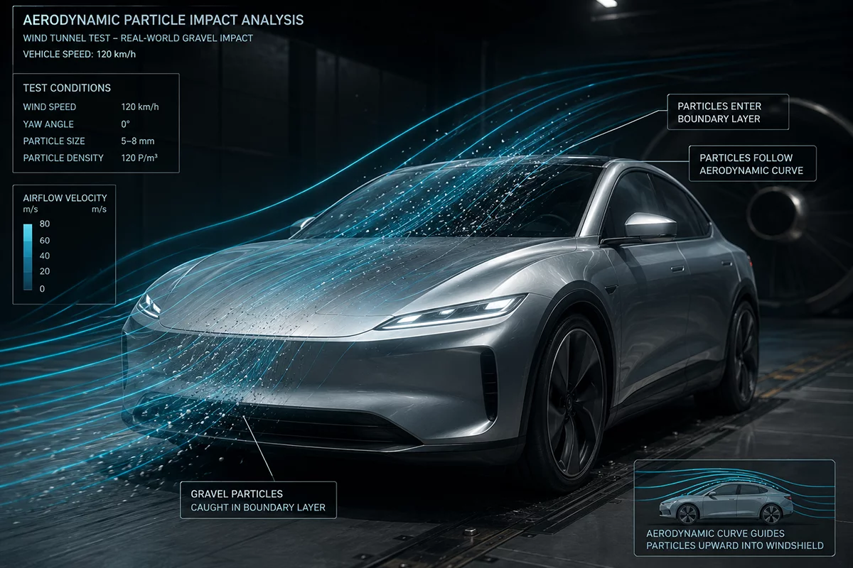 Hyper-realistic 3D visualization of sleek electric vehicle front with glowing blue airflow lines