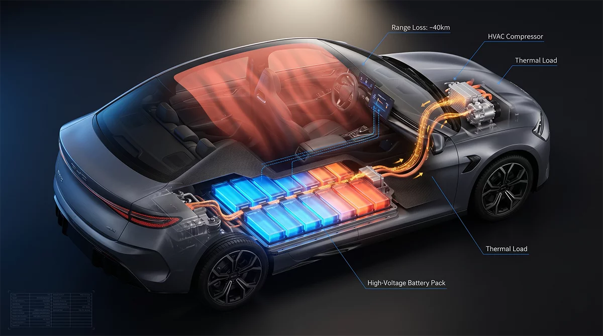 เปรียบเทียบแบตเตอรี่รถ EV เมื่อแอร์ทำงานหนัก